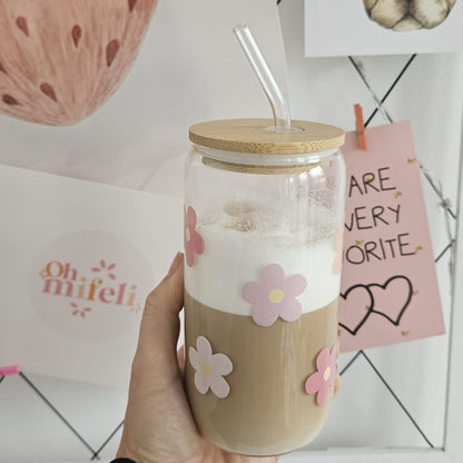 Flower Trinkglas aus Borosilikatglas, UV‑DTF bedruckt, 500 ml, perfekt für Iced Coffee, Tee oder Smoothies.