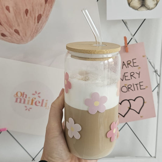 Flower Trinkglas aus Borosilikatglas, UV‑DTF bedruckt, 500 ml, perfekt für Iced Coffee, Tee oder Smoothies.