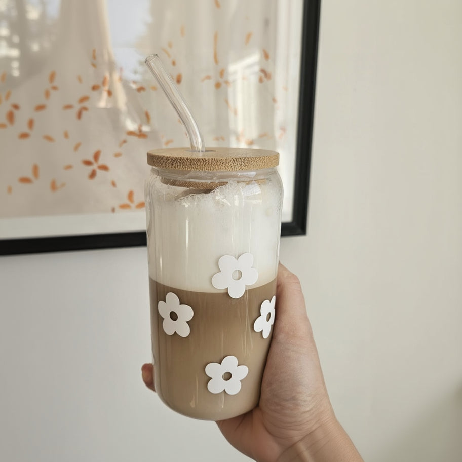 Flower Iced Coffee Glas mit Bambusdeckel und Glasstrohhalm für Iced Coffee und kalte Getränke