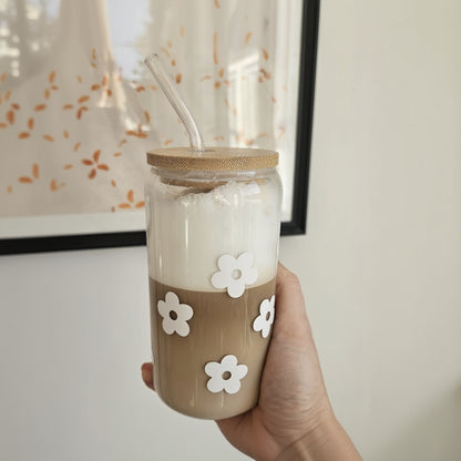 Flower Iced Coffee Glas mit Bambusdeckel und Glasstrohhalm für Iced Coffee und kalte Getränke