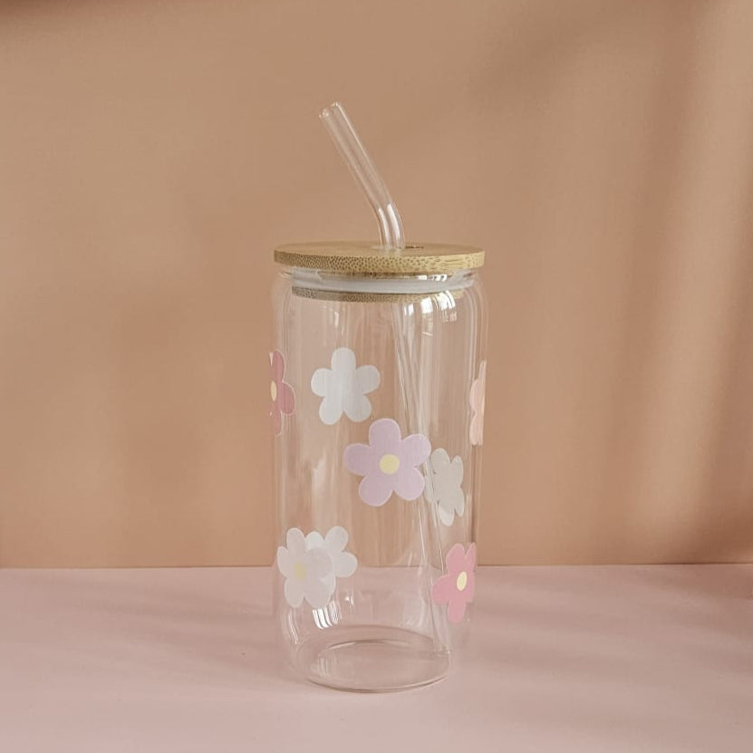 Flower Trinkglas aus Borosilikatglas, UV‑DTF bedruckt, 500 ml, perfekt für Iced Coffee, Tee oder Smoothies.