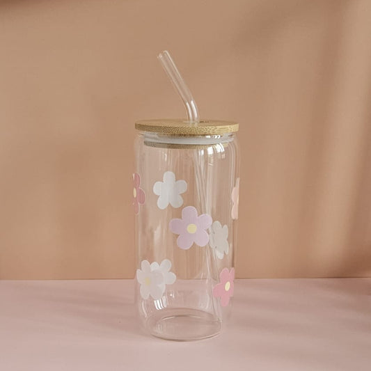 Flower Trinkglas aus Borosilikatglas, UV‑DTF bedruckt, 500 ml, perfekt für Iced Coffee, Tee oder Smoothies.