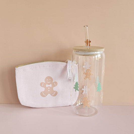 Weihnachts-Set mit zwei Trinkgläsern (Gingerbread & Christmas Tree) und rosa Täschchen mit Lebkuchenmotiv - Oh Mifeli