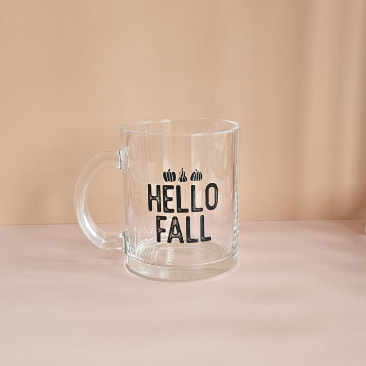 Glastasse „Hello Fall“ 500 ml, handgemacht, UV‑DTF bedruckt, Geschenk für Self-Care & Herbst