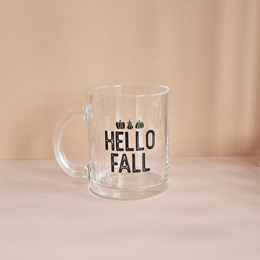 Glastasse „Hello Fall“ 500 ml, handgemacht, UV‑DTF bedruckt, Geschenk für Self-Care & Herbst