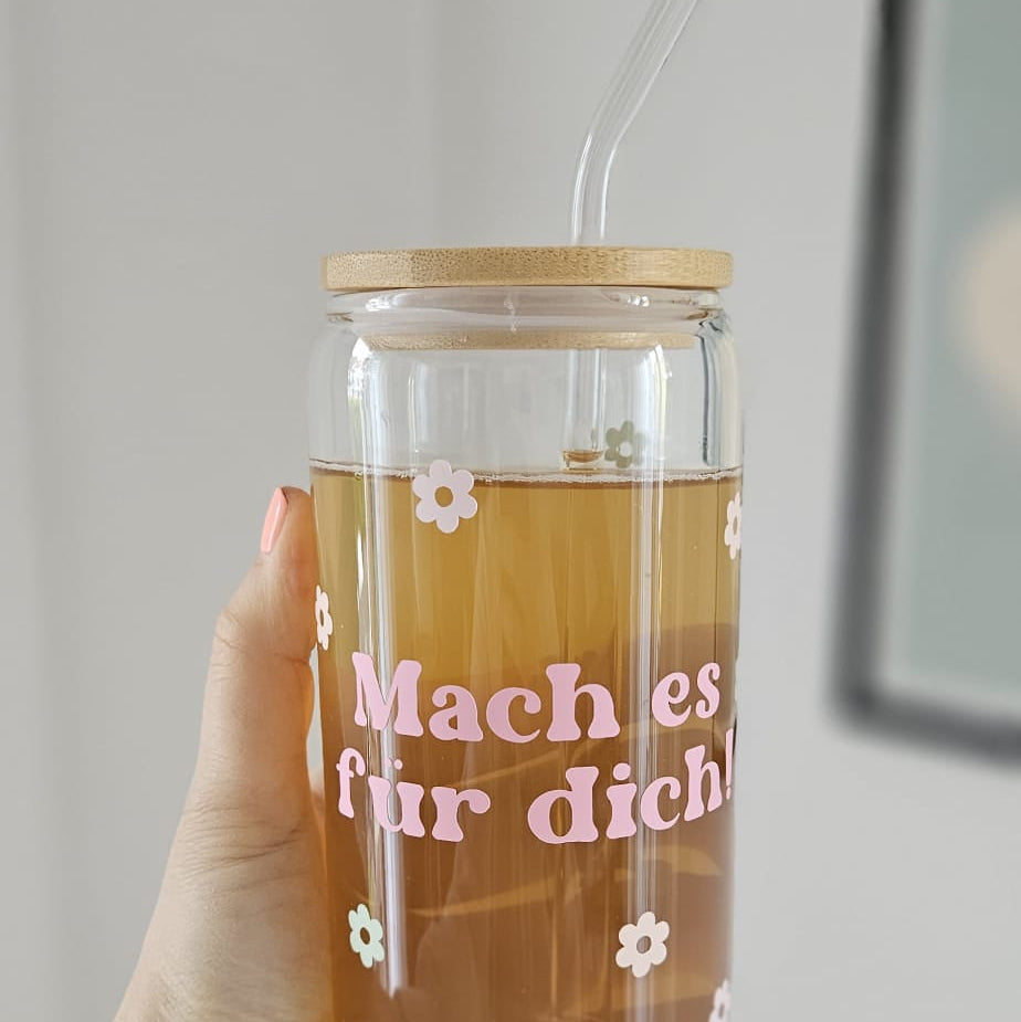 Trinkglas mit Aufdruck mach es für dich oder individuellem Spruch mit Bambusdeckel und Glasstrohhalm – oh mifeli Selflove Glas