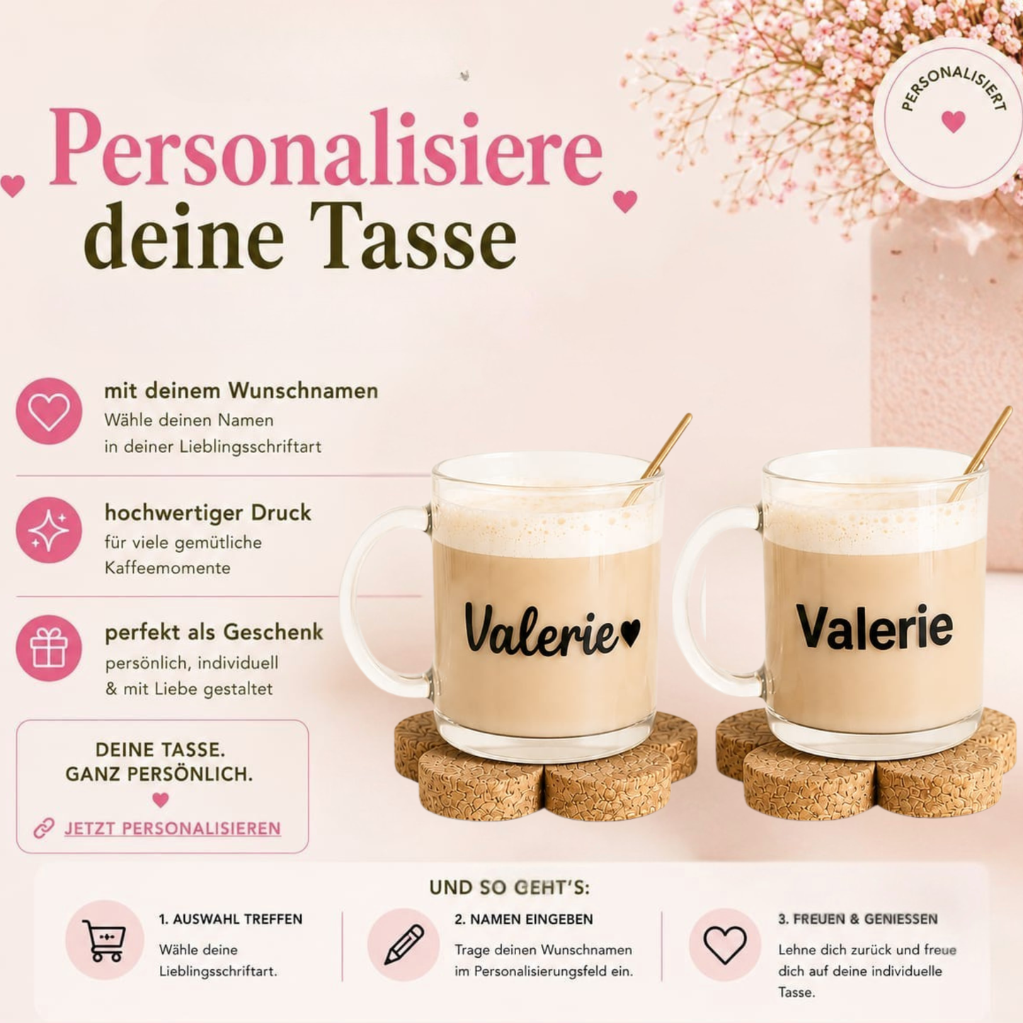 Personalisierte Glastasse mit Namen aus Vinylfolie, 300ml