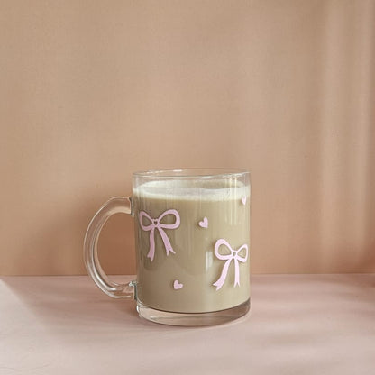 Glastasse „Schleifen“ 500 ml, handgemacht, UV‑DTF bedruckt, Geschenk für Self-Care & Mamas