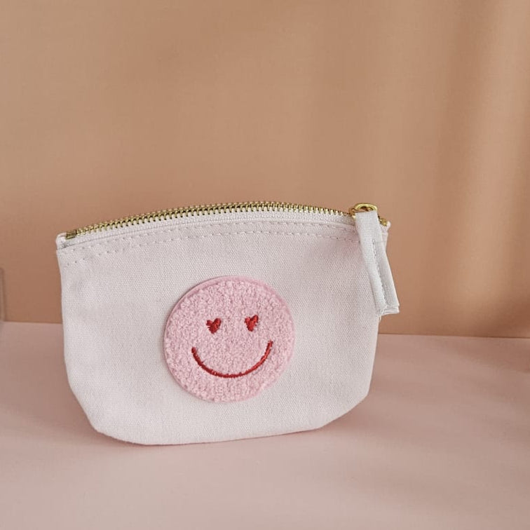 Smiley kleines Täschchen, handgemacht, stylisch bedruckt, ideal für Kosmetik, Stifte oder kleine Alltagsutensilien.