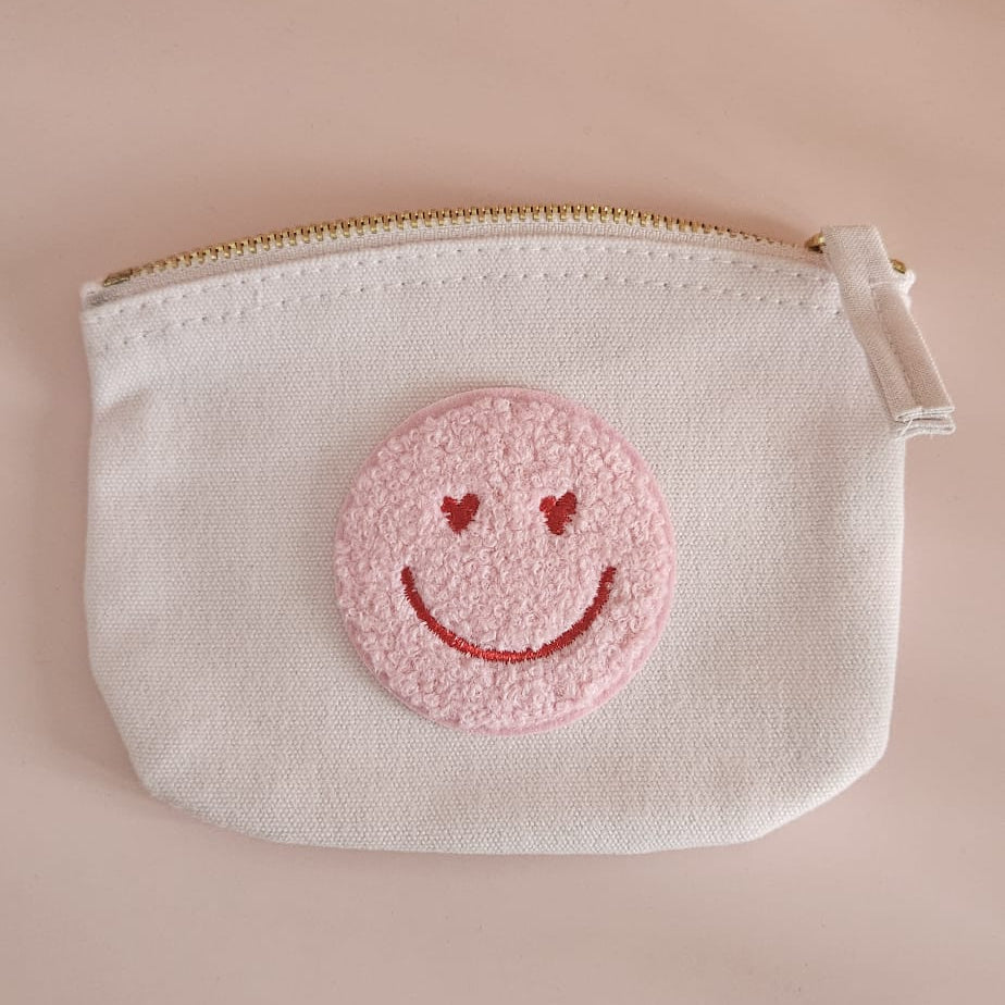 Smiley kleines Täschchen, handgemacht, stylisch bedruckt, ideal für Kosmetik, Stifte oder kleine Alltagsutensilien.