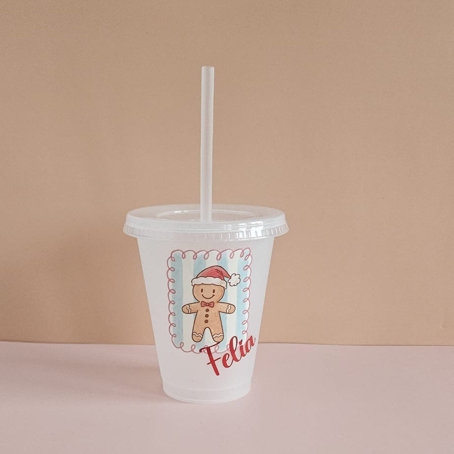 Personalisierbarer Kinder-Trinkbecher mit Gingerbread-Motiv, BPA-frei, Glitzer & Strohhalm – Weihnachtsdesign