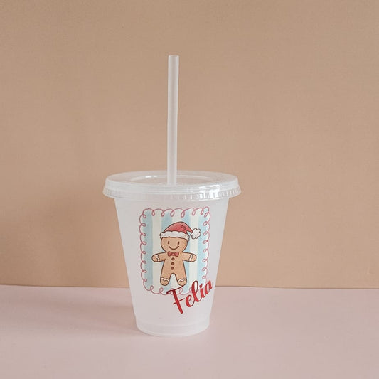 Personalisierbarer Kinder-Trinkbecher mit Gingerbread-Motiv, BPA-frei, Glitzer & Strohhalm – Weihnachtsdesign