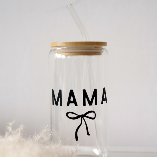 Trinkglas mit schwarzer Schleife und Wunschnamen