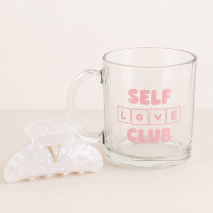Self Love Club Geschenkset – Glastasse & personalisierte Haarspange