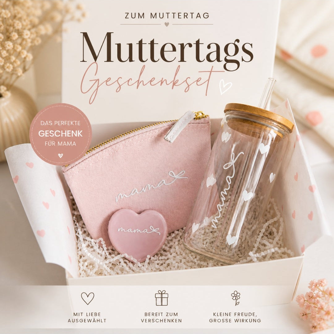 Muttertags Geschenkset mit Mama Glas oder Tasse, rosa Täschchen, Herz Spiegel in Geschenkbox