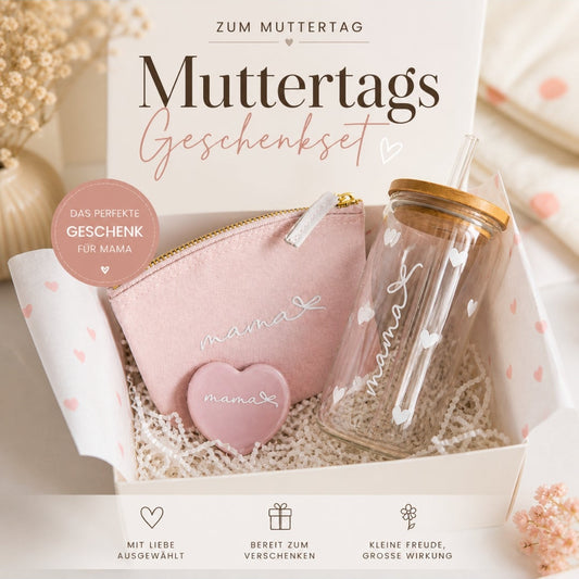 Muttertags Geschenkset mit Mama Glas oder Tasse, rosa Täschchen, Herz Spiegel in Geschenkbox