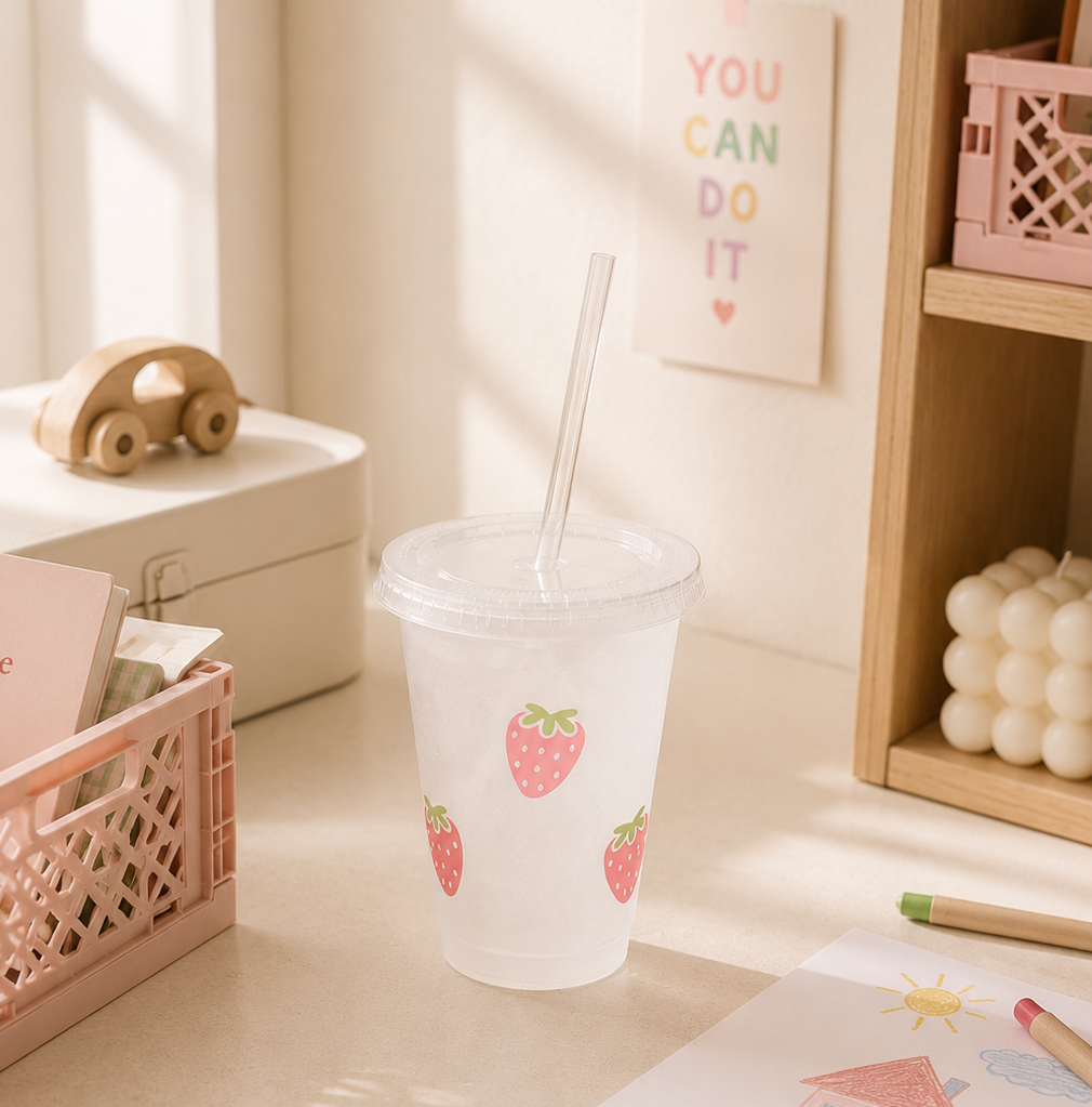 Rosa Trinkbecher mit Erdbeer Design, Deckel und Blumen-Strohhalm mit pinkem Sommerdrink.
