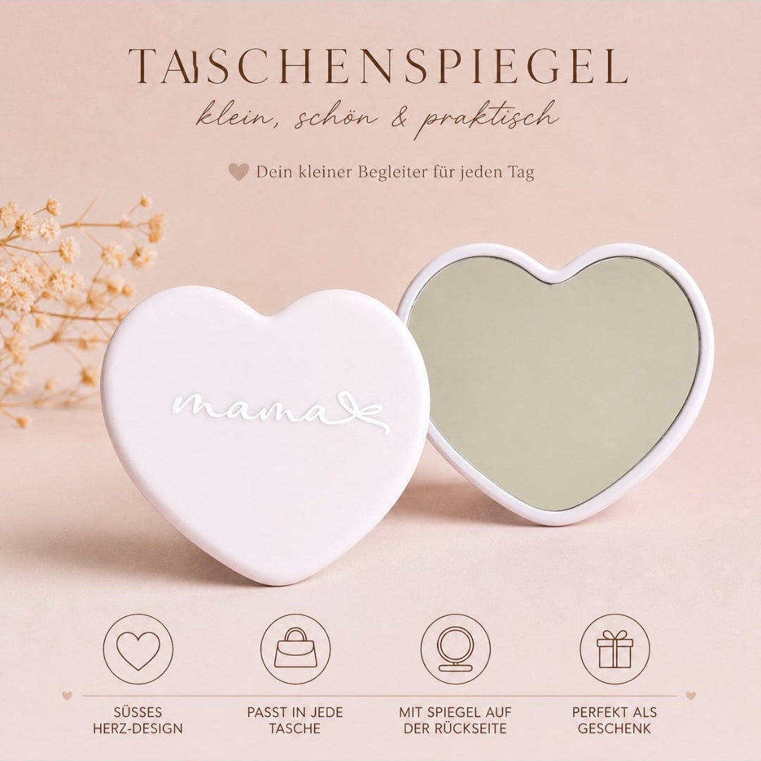 Muttertags Geschenkset mit Mama Glas oder Tasse, rosa Täschchen, Herz Spiegel in Geschenkbox