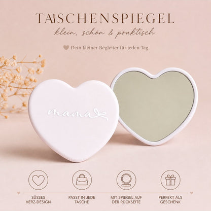 Muttertags Geschenkset mit Mama Glas oder Tasse, rosa Täschchen, Herz Spiegel in Geschenkbox