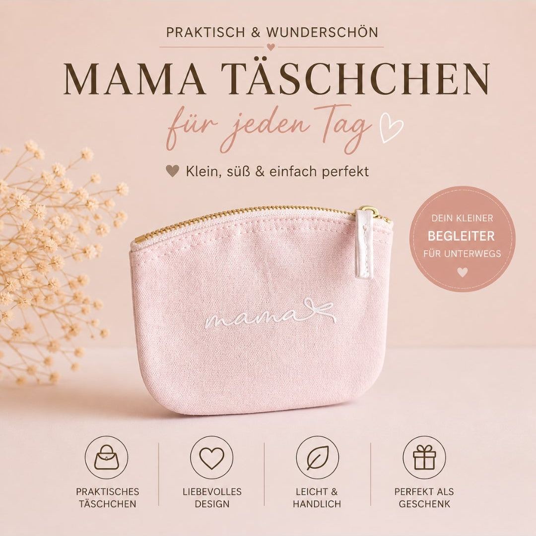 Muttertags Geschenkset mit Mama Glas oder Tasse, rosa Täschchen, Herz Spiegel in Geschenkbox
