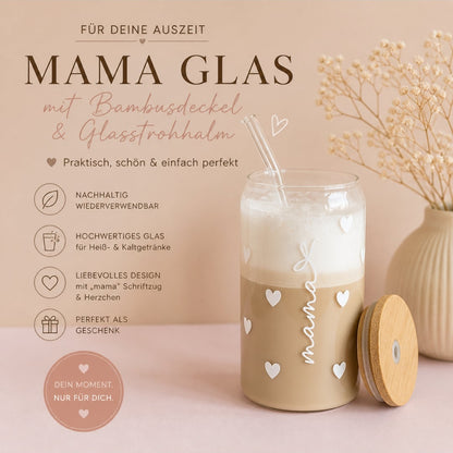 Muttertags Geschenkset mit Mama Glas oder Tasse, rosa Täschchen, Herz Spiegel in Geschenkbox